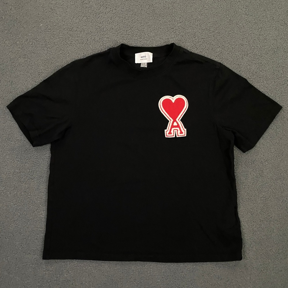 AMI Paris T-Shirt Men Small Black Ami de Coeur Logo Patch Crop Crew Short Sleeve